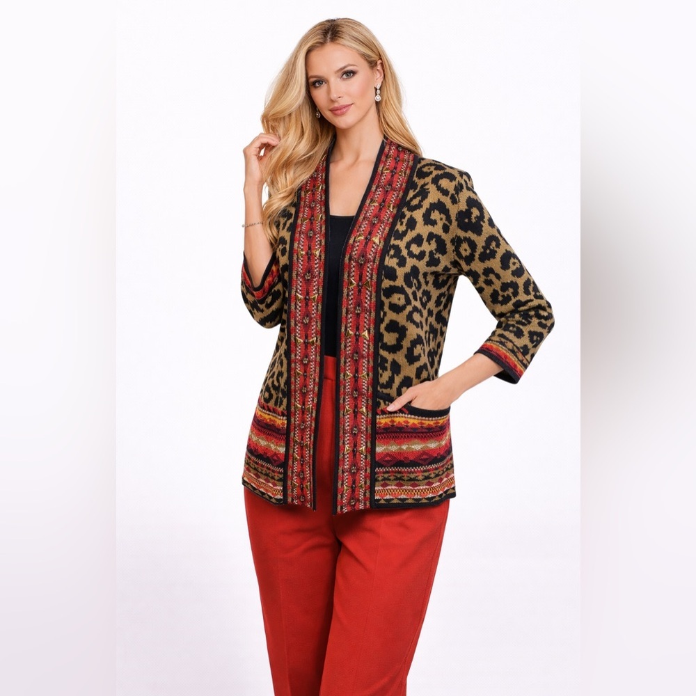 Ruby Rd. Leopard Print Sweater Cardigan Long Sleeve Size PS Front Trim Is Beaded